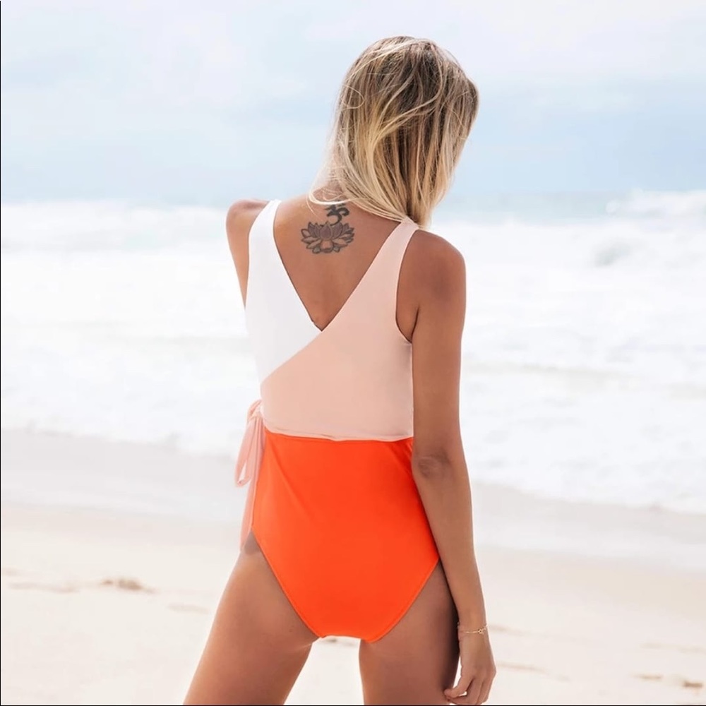 Women's One Piece Swimsuit Wrap Color Block Ti - Picture 5 of 5